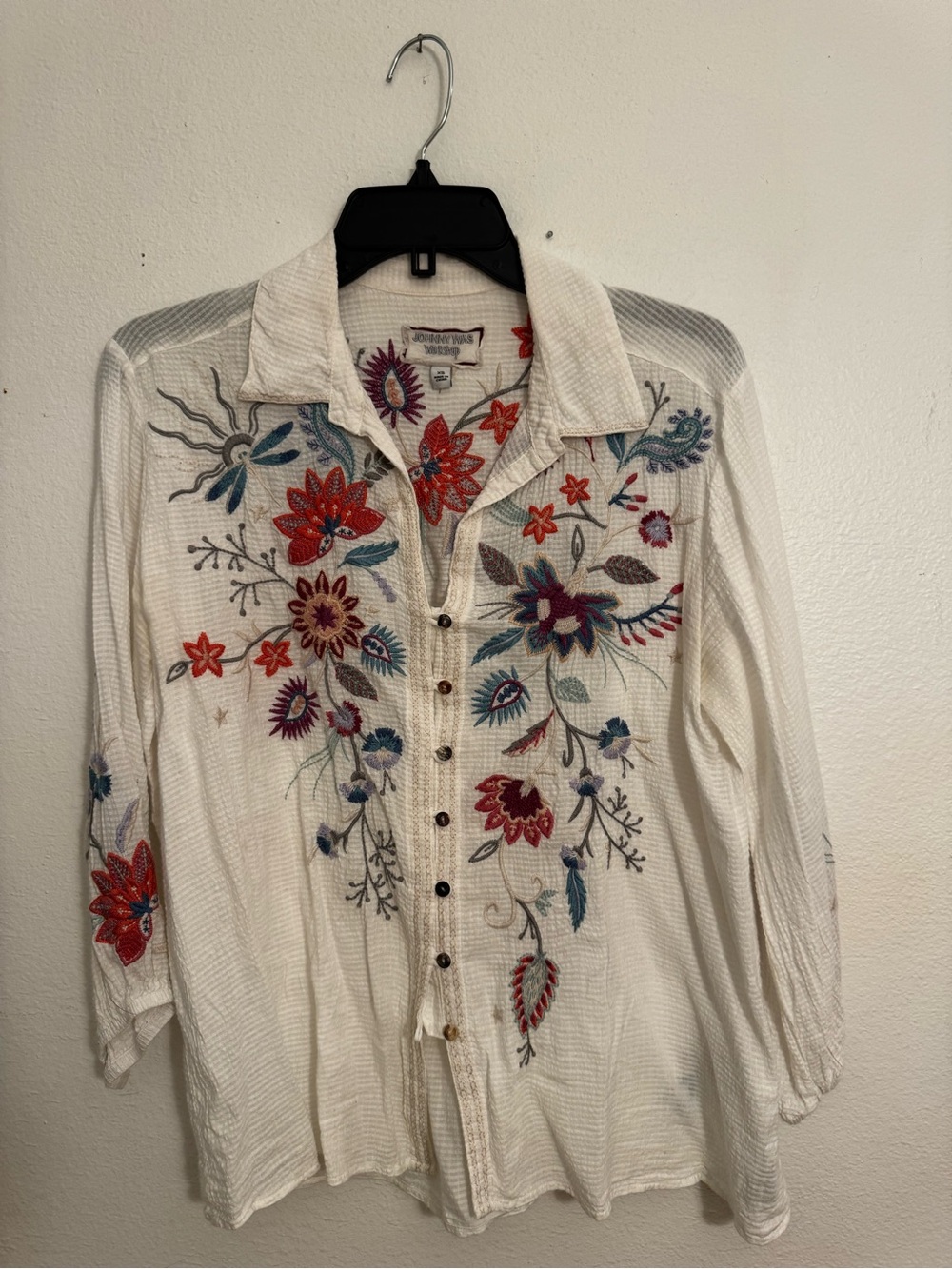 Johnny Was White Button-Down Shirt with Multicolor Floral Embroidery